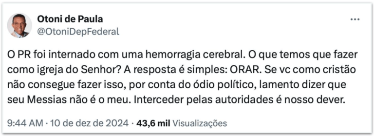Crítico ao governo, Otoni de Paula pede orações por Lula
