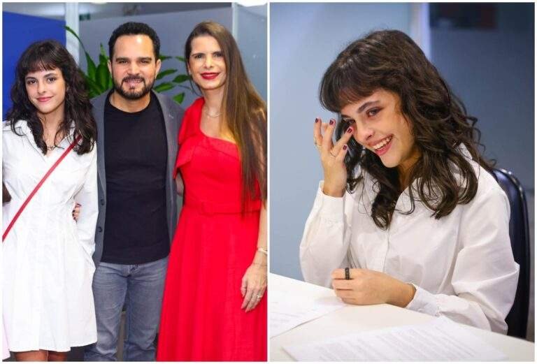 Aos 14 anos, filha de Luciano Camargo chora ao assinar seu primeiro contrato